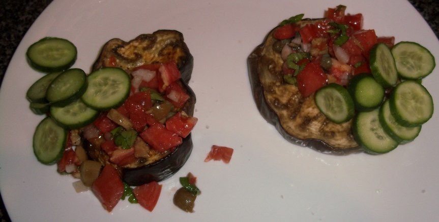 ffwd – eggplant “tartine” with tomatoes, olives and&nbsp;cucumbers